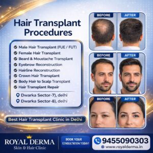 Hair transplant procedures at Royal Derma Clinic Delhi showing before and after results for male and female hair restoration, beard transplant, and hairline reconstruction